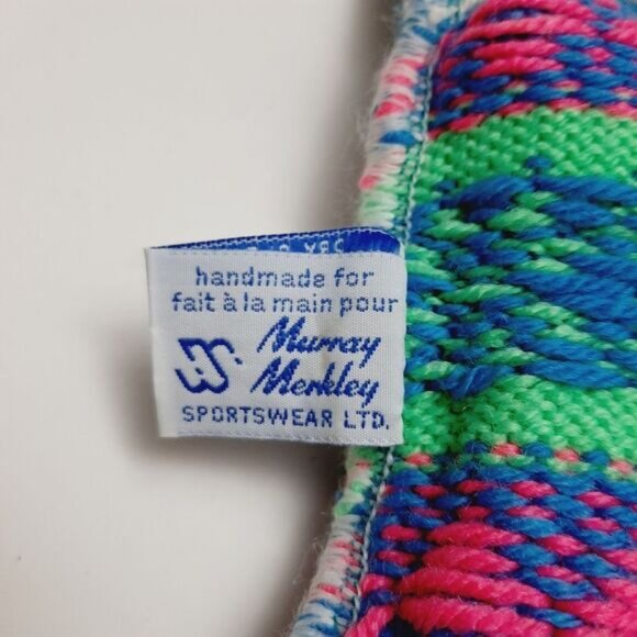 Retro 80's MURRAY MERKLEY 100% Wool Intarsia Geo Pattern Knit Beanie Hat Pom-Pom - Picture 14 of 16